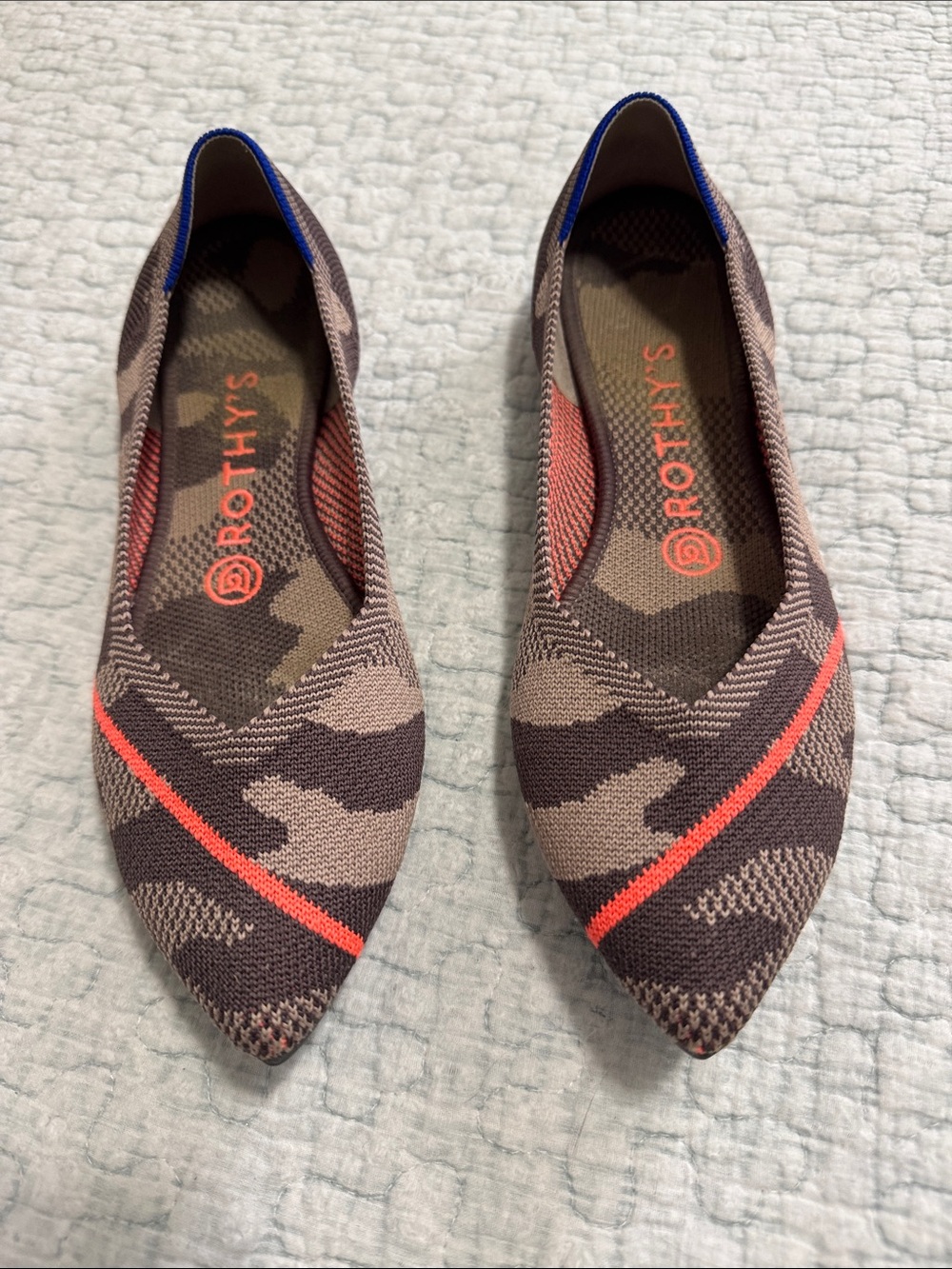 Rothy's Pointed Knit Flats in Camouflage Gray with Coral Stripe